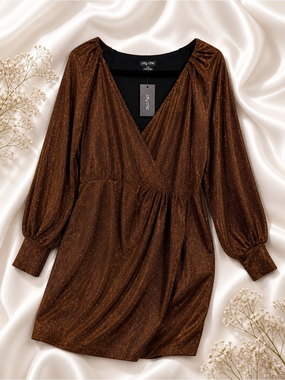 City Chic Metallic Brown Long Sleeve Wrap Dress